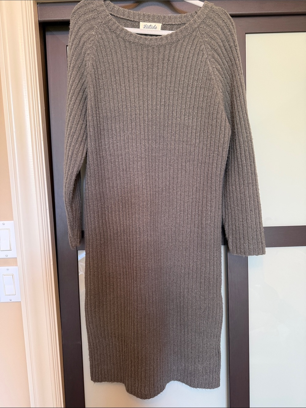 Grey Ribbed Knit Women's Sweater Dress